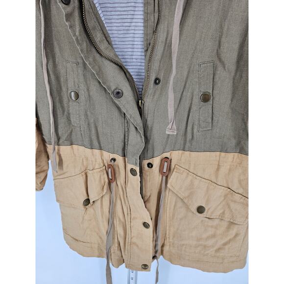Blu Pepper Womens Sz L Linen Blend Zip Up Safari Style Jacket Beige Olive - Picture 3 of 5